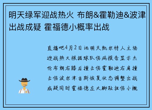 明天绿军迎战热火 布朗&霍勒迪&波津出战成疑 霍福德小概率出战