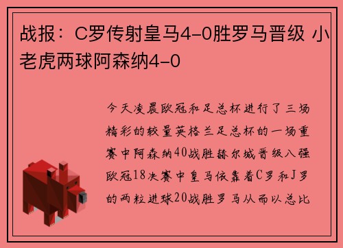战报：C罗传射皇马4-0胜罗马晋级 小老虎两球阿森纳4-0